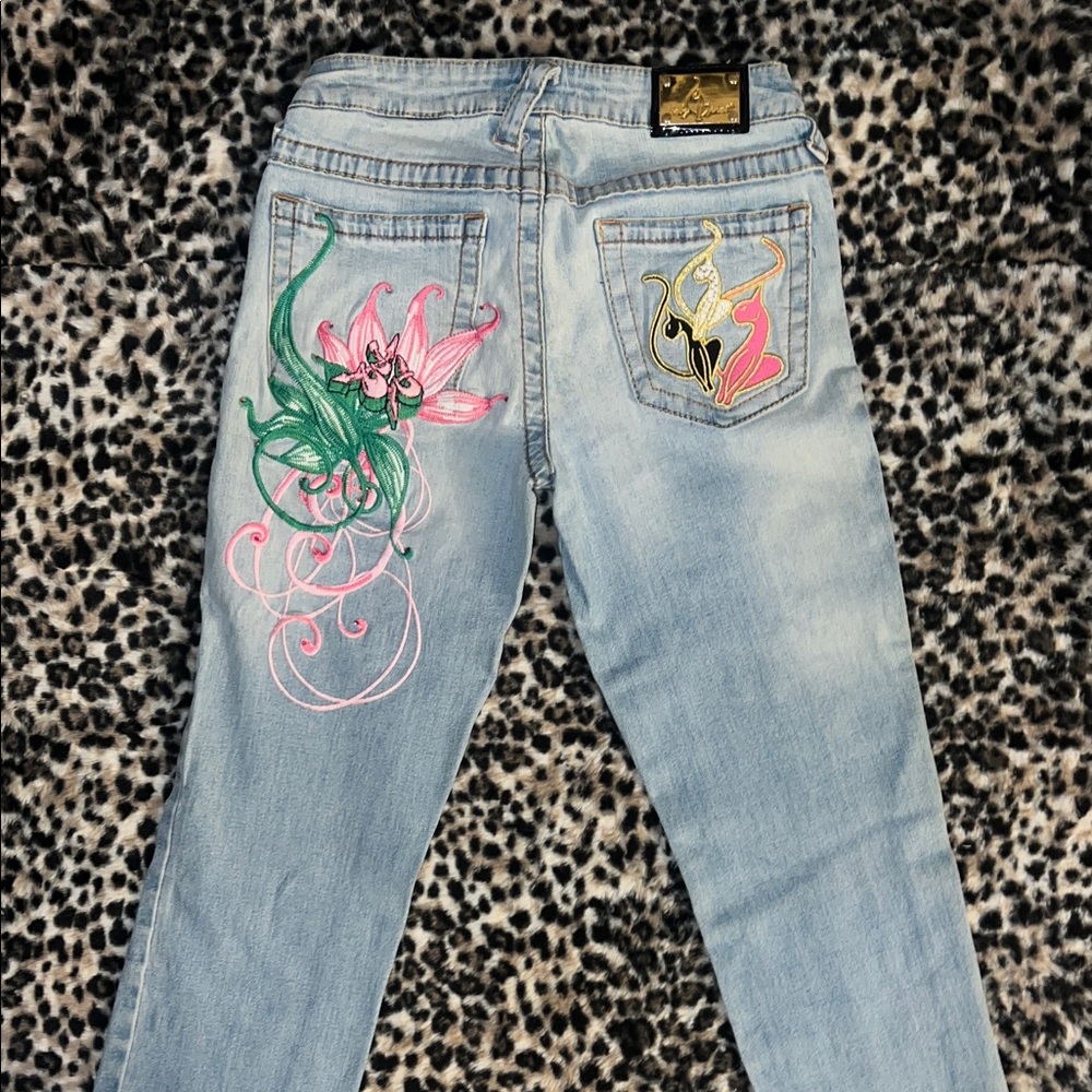 Baby Phat Light Blue Jeans RARE Colorful Embroidery